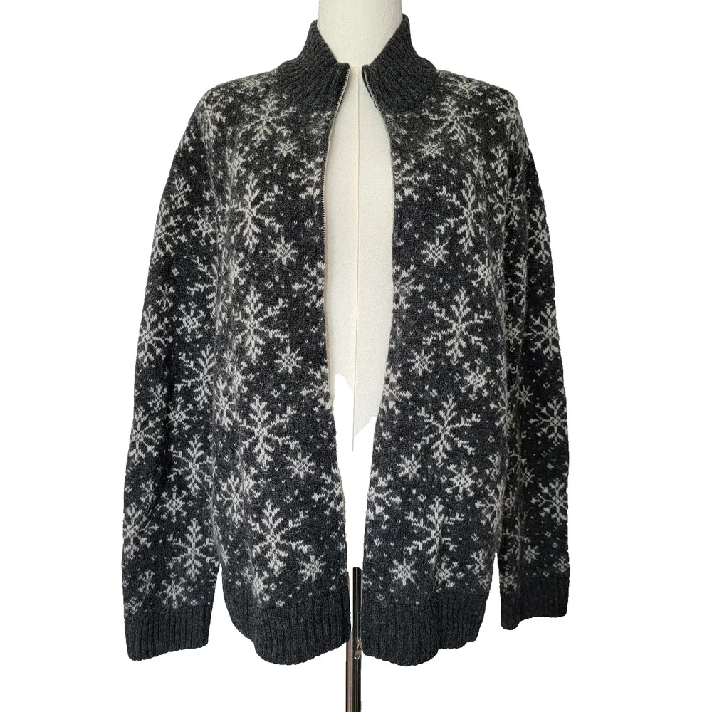 Jones New York Lambswool Mohair Cardigan Zip Sweater Gray Snowflakes Winter Sz L